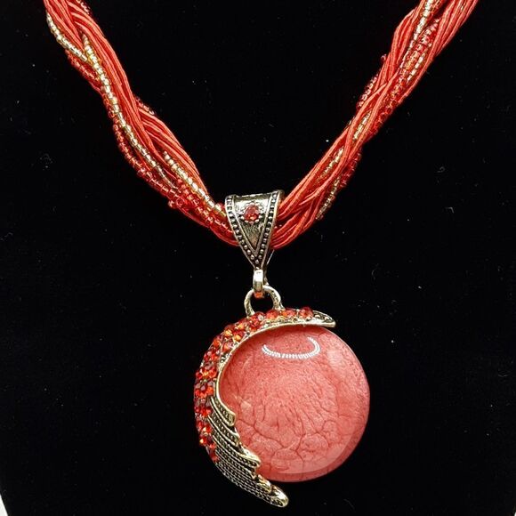 Boho red tassel necklace pink stone - Picture 2 of 6